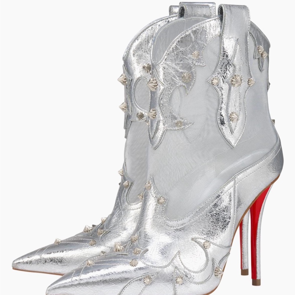 Christian Louboutin 100mm Santia Silver Bootyiag Ankle Cowboy Boots - EU 41 NIB